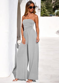 PRETTYGARDEN Womens Trendy Strapless Rompers Ruched Tube Top Wide Leg One Piece Jumpsuits Beach Vacation Summer Outfits PRETTYGARDEN
