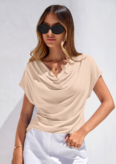 PRETTYGARDEN Blouses for Women Dressy Casual Summer Cowl Neck Short Sleeve Tops Spring Work Office Teacher Shirts PRETTYGARDEN