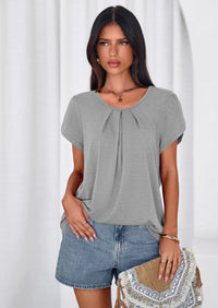 PRETTYGARDEN Summer Tops for Women Short Sleeve Crew Neck Pleated T Shirts Dressy Casual Blouses Spring Fashion Clothes PRETTYGARDEN