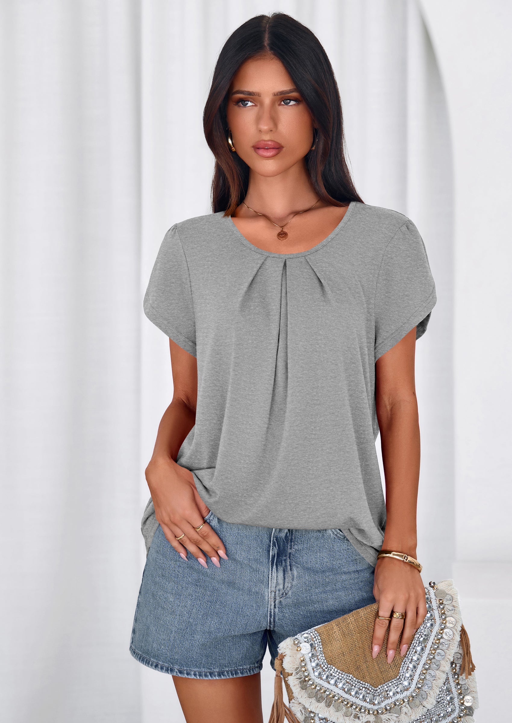 PRETTYGARDEN Summer Tops for Women Short Sleeve Crew Neck Pleated T Shirts Dressy Casual Blouses Spring Fashion Clothes PRETTYGARDEN