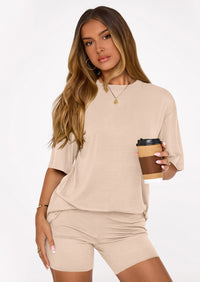 PRETTYGARDEN Women's Two Piece Matching Lounge Sets Summer Casual Tops Short Sleeve Shirts Shorts Travel Airport Outfits PRETTYGARDEN