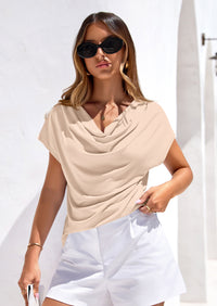 PRETTYGARDEN Blouses for Women Dressy Casual Summer Cowl Neck Short Sleeve Tops Spring Work Office Teacher Shirts PRETTYGARDEN