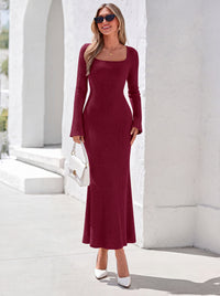 PRETTYGARDEN Women's Fall Long Sleeve Maxi Bodycon Dresses | Soft Stretchy Ribbed Knit, Bell Sleeve Square Neck Mermaid, Elegant Long Dress, Wedding Guest Party, 2026 Winter Clothing
