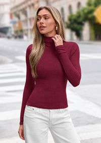 PRETTYGARDEN Long Sleeve T Shirts for Women Fall Fashion Mock Neck Fitted Ribbed Tee Tops Casual Basic Winter Clothing