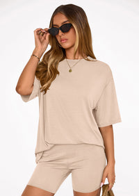 PRETTYGARDEN Women's Two Piece Matching Lounge Sets Summer Casual Tops Short Sleeve Shirts Shorts Travel Airport Outfits PRETTYGARDEN