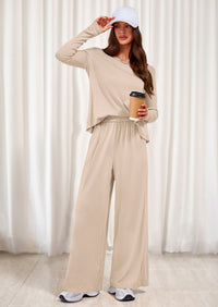 PRETTYGARDEN Women's 2 Piece Fall Sets  Casual Long Sleeve Shirts Wide Leg Pants Lounge Travel Outfits Fashion Clothing