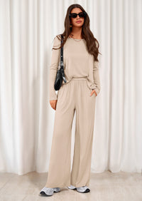 PRETTYGARDEN Women's 2 Piece Fall Sets  Casual Long Sleeve Shirts Wide Leg Pants Lounge Travel Outfits Fashion Clothing