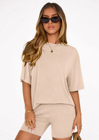 PRETTYGARDEN Women's Two Piece Matching Lounge Sets Summer Casual Tops Short Sleeve Shirts Shorts Travel Airport Outfits PRETTYGARDEN