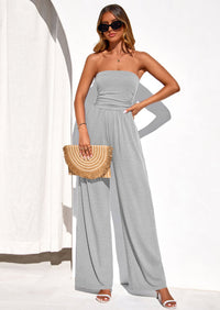 PRETTYGARDEN Womens Trendy Strapless Rompers Ruched Tube Top Wide Leg One Piece Jumpsuits Beach Vacation Summer Outfits PRETTYGARDEN
