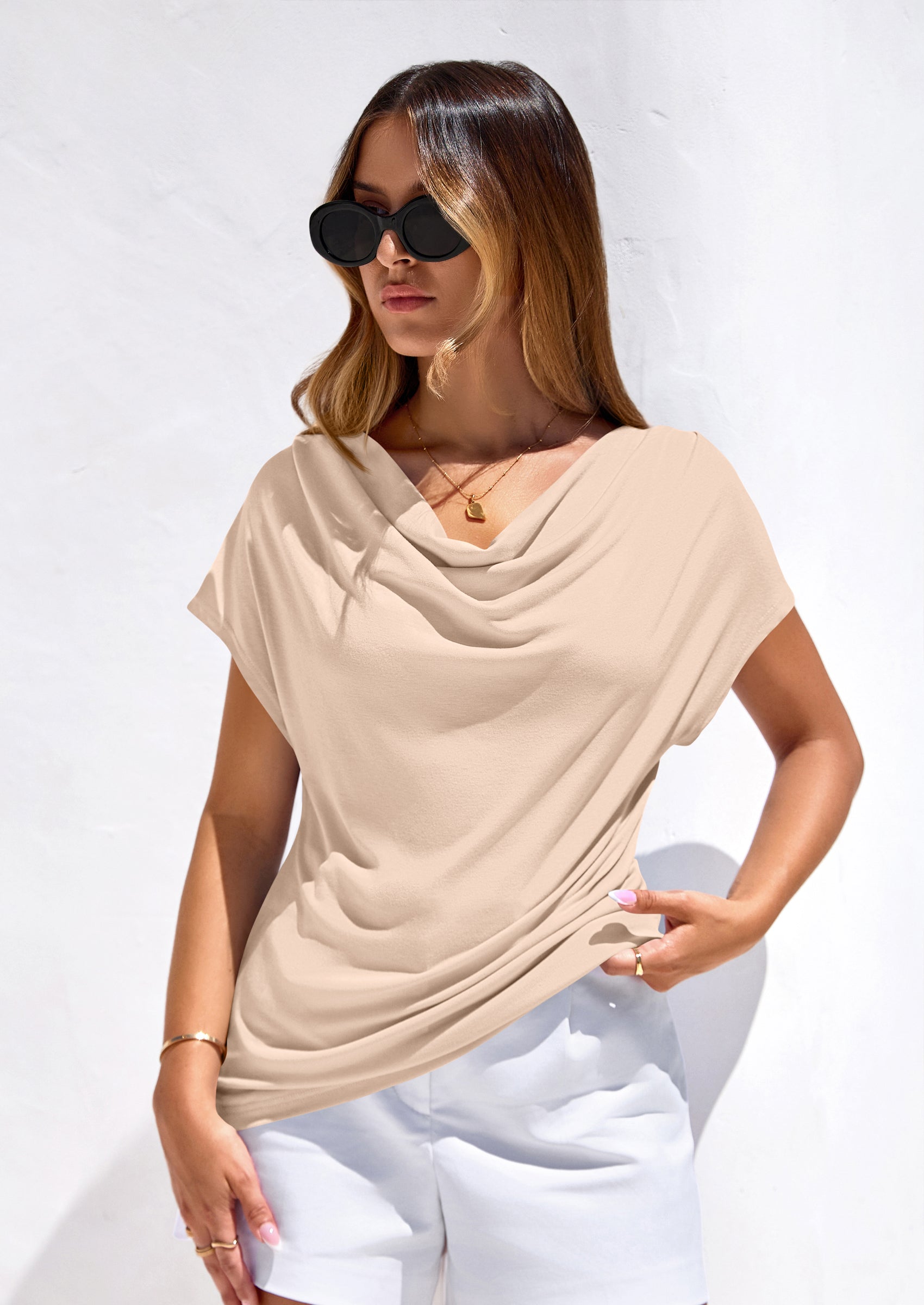 PRETTYGARDEN Blouses for Women Dressy Casual Summer Cowl Neck Short Sleeve Tops Spring Work Office Teacher Shirts PRETTYGARDEN