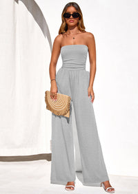 PRETTYGARDEN Womens Trendy Strapless Rompers Ruched Tube Top Wide Leg One Piece Jumpsuits Beach Vacation Summer Outfits PRETTYGARDEN