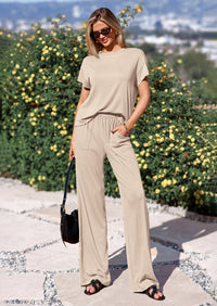 PRETTYGARDEN Women's Summer 2 Piece Matching Lounge Sets Short Sleeve Shirts Tops Wide Leg Pants Travel Airport Outfits