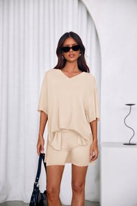 PRETTYGARDEN 2 Piece Sets for Women Summer Lounge Short Set Spring Matching Biker Shorts V Neck Oversized Shirt Clothing PRETTYGARDEN