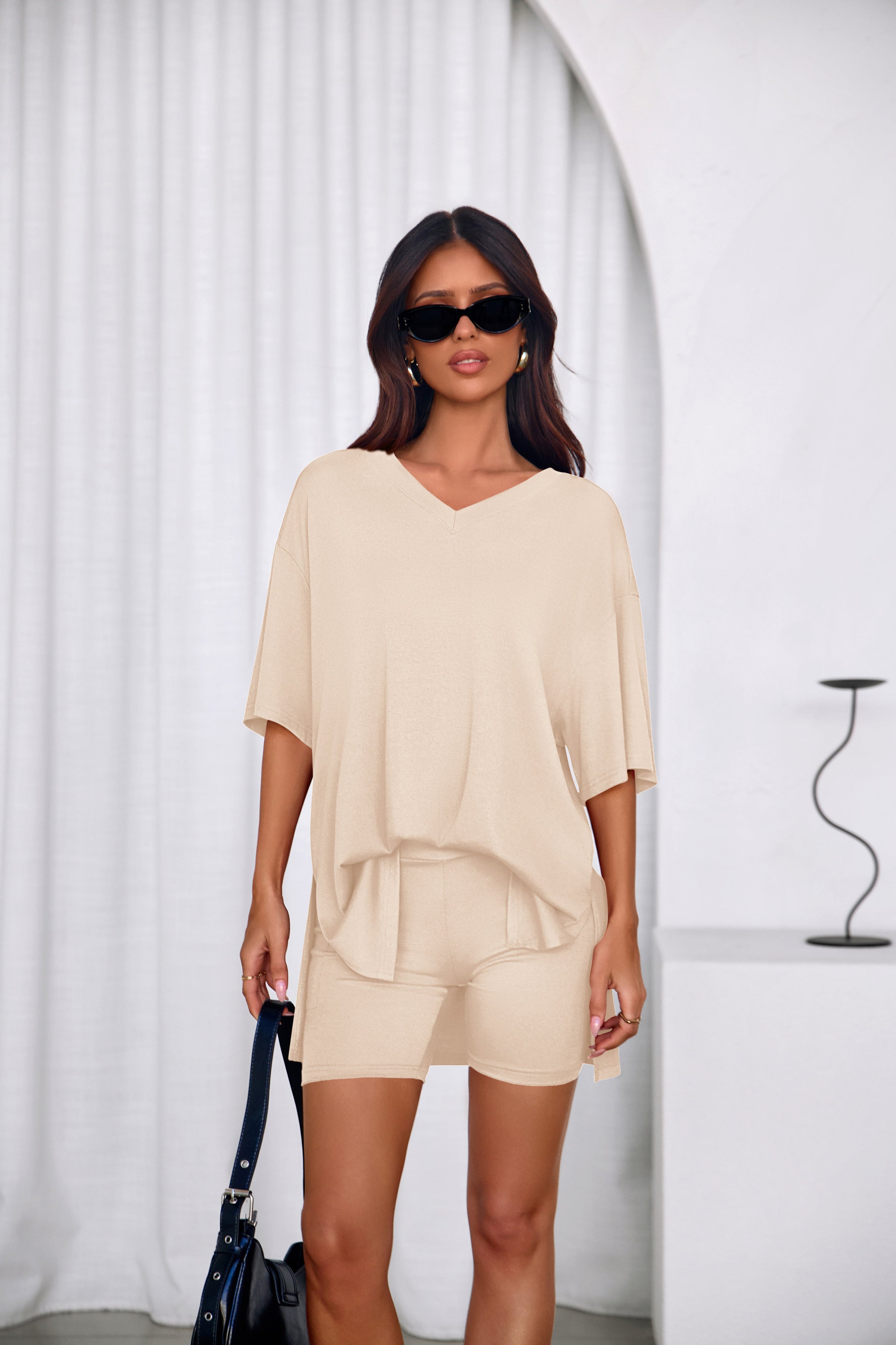 PRETTYGARDEN 2 Piece Sets for Women Summer Lounge Short Set Spring Matching Biker Shorts V Neck Oversized Shirt Clothing PRETTYGARDEN