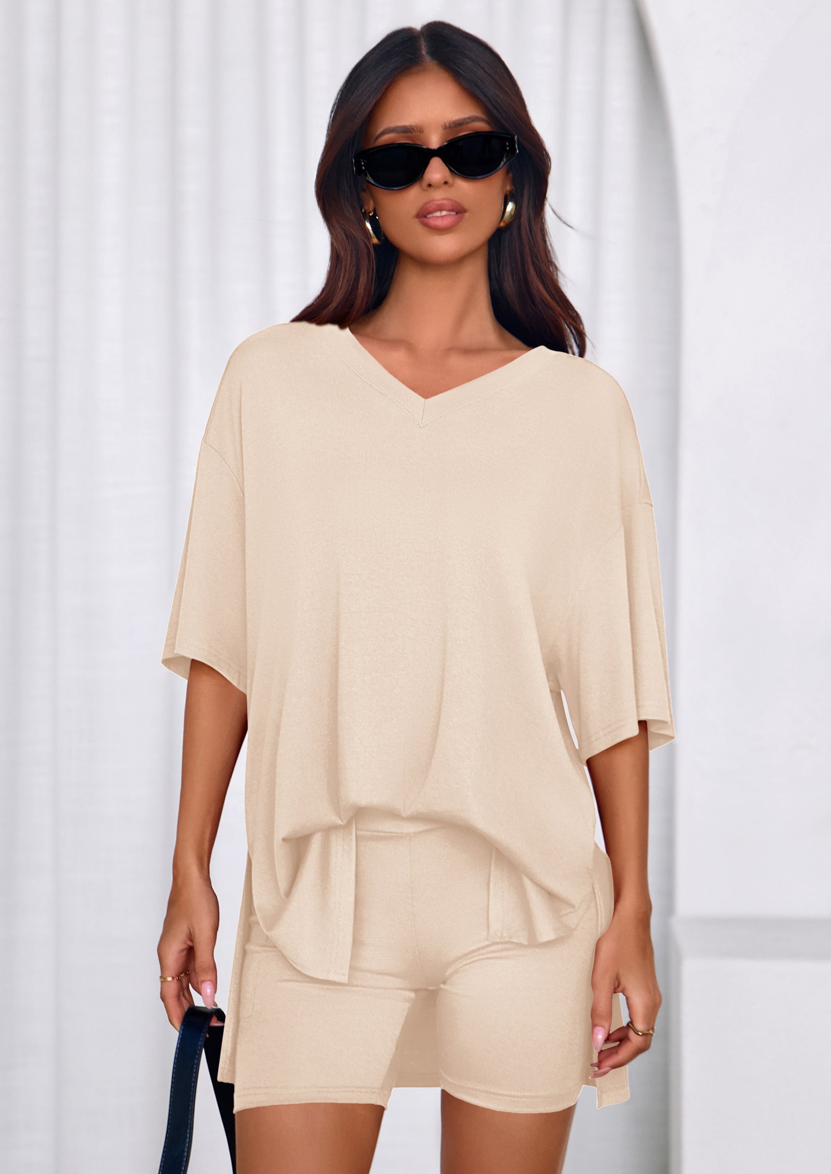 PRETTYGARDEN 2 Piece Sets for Women Summer Lounge Short Set Spring Matching Biker Shorts V Neck Oversized Shirt Clothing PRETTYGARDEN