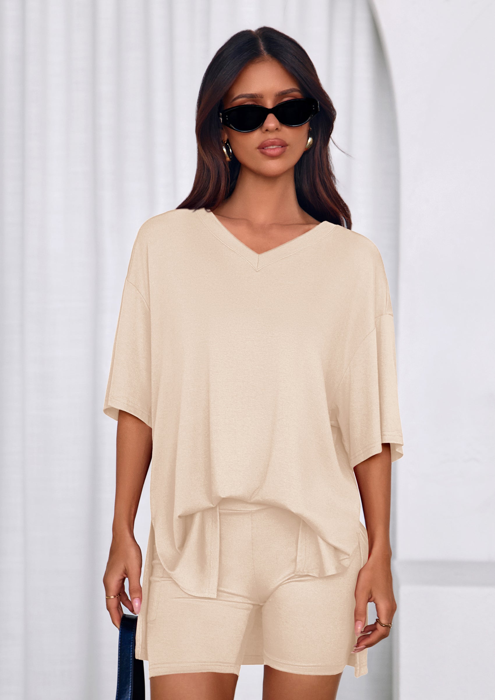 PRETTYGARDEN 2 Piece Sets for Women Summer Lounge Short Set Spring Matching Biker Shorts V Neck Oversized Shirt Clothing PRETTYGARDEN