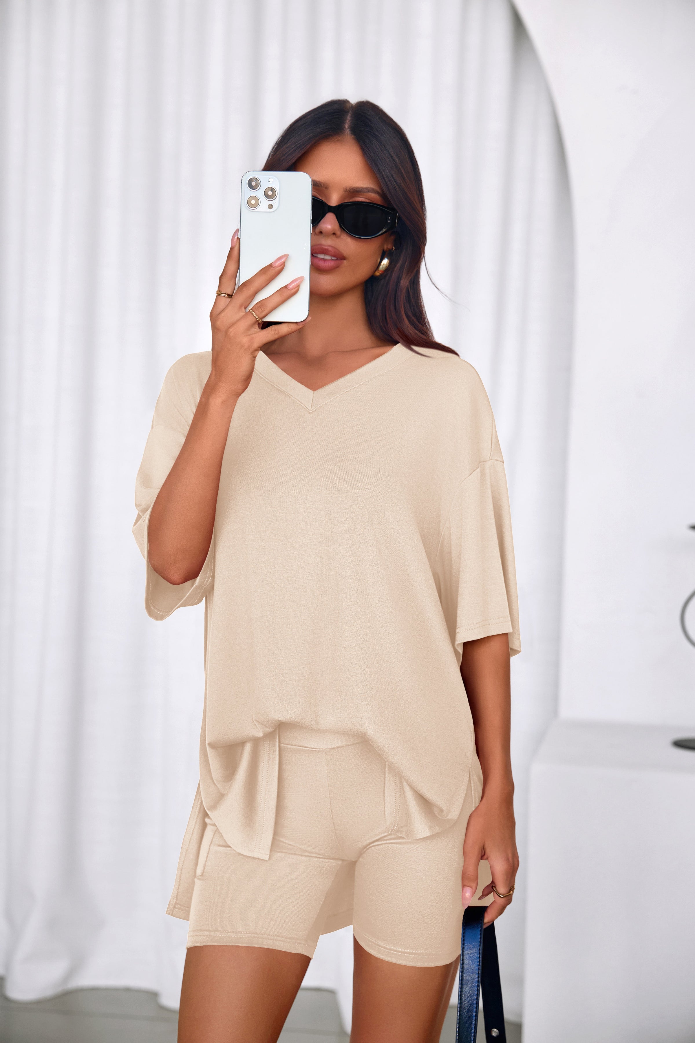 PRETTYGARDEN 2 Piece Sets for Women Summer Lounge Short Set Spring Matching Biker Shorts V Neck Oversized Shirt Clothing PRETTYGARDEN