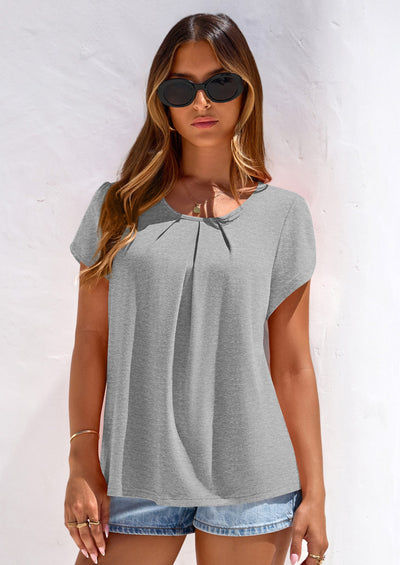 PRETTYGARDEN Summer Tops for Women Short Sleeve Crew Neck Pleated T Shirts Dressy Casual Blouses Spring Fashion Clothes PRETTYGARDEN