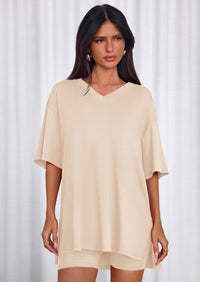 PRETTYGARDEN 2 Piece Sets for Women Summer Lounge Short Set Spring Matching Biker Shorts V Neck Oversized Shirt Clothing PRETTYGARDEN