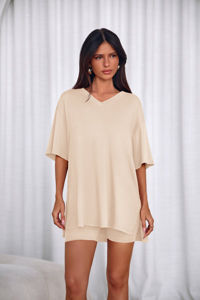 PRETTYGARDEN 2 Piece Sets for Women Summer Lounge Short Set Spring Matching Biker Shorts V Neck Oversized Shirt Clothing PRETTYGARDEN