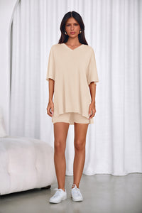 PRETTYGARDEN 2 Piece Sets for Women Summer Lounge Short Set Spring Matching Biker Shorts V Neck Oversized Shirt Clothing PRETTYGARDEN