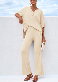 PRETTYGARDEN Women's 2 Piece Outfits Summer Casual V Neck Short Sleeve Tops Wide Leg Pants Matching Lounge Sets