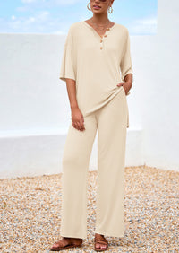 PRETTYGARDEN Women's 2 Piece Outfits Summer Casual V Neck Short Sleeve Tops Wide Leg Pants Matching Lounge Sets