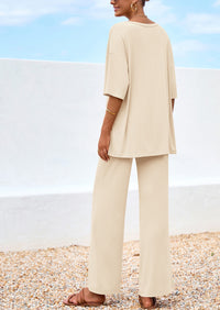 PRETTYGARDEN Women's 2 Piece Outfits Summer Casual V Neck Short Sleeve Tops Wide Leg Pants Matching Lounge Sets