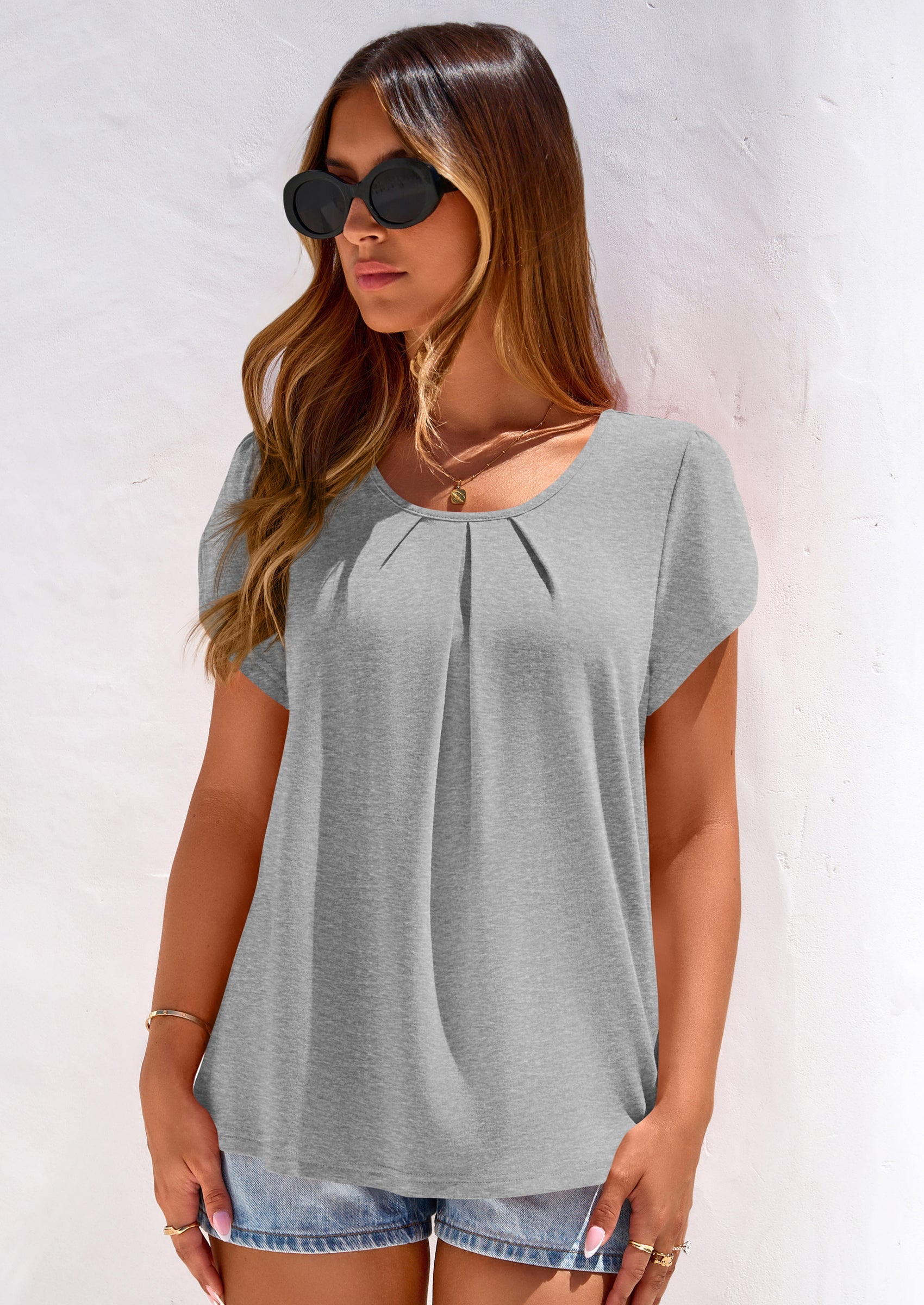 PRETTYGARDEN Summer Tops for Women Short Sleeve Crew Neck Pleated T Shirts Dressy Casual Blouses Spring Fashion Clothes PRETTYGARDEN