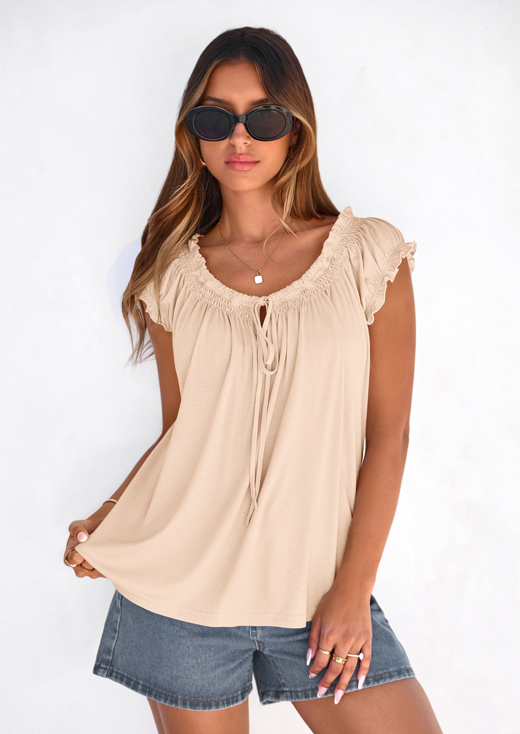 PRETTYGARDEN Womens Tie Front Tank Tops Summer Fashion Cap Sleeve Babydoll Blouses Flowy Shirts Spring Going Out Outfits PRETTYGARDEN