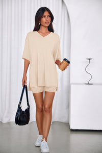 PRETTYGARDEN 2 Piece Sets for Women Summer Lounge Short Set Spring Matching Biker Shorts V Neck Oversized Shirt Clothing PRETTYGARDEN