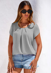 PRETTYGARDEN Summer Tops for Women Short Sleeve Crew Neck Pleated T Shirts Dressy Casual Blouses Spring Fashion Clothes PRETTYGARDEN