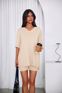 PRETTYGARDEN 2 Piece Sets for Women Summer Lounge Short Set Spring Matching Biker Shorts V Neck Oversized Shirt Clothing PRETTYGARDEN