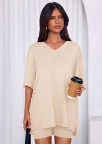 PRETTYGARDEN 2 Piece Sets for Women Summer Lounge Short Set Spring Matching Biker Shorts V Neck Oversized Shirt Clothing PRETTYGARDEN