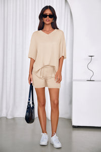 PRETTYGARDEN 2 Piece Sets for Women Summer Lounge Short Set Spring Matching Biker Shorts V Neck Oversized Shirt Clothing PRETTYGARDEN