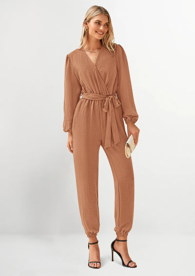 PRETTYGARDEN Women's Fall Jumpsuits Dressy Casual Pants Romper Spring Long Sleeve V Neck Belt Pockets One Piece Outfits