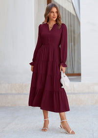 PRETTYGARDEN Women Fall Long Sleeve Smocked Maxi Dress Casual Square Neck Swiss Dot Tiered Ruffle Flowy Spring Pocket Dresses