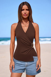 PRETTYGARDEN Womens Halter Top Spring Tie Wrap Sleeveless Ruched V Neck Fitted Summer Tops Backless Fashion Y2k Clothes PRETTYGARDEN