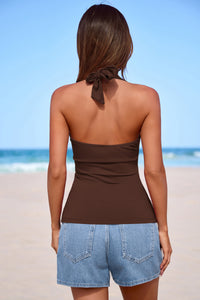 PRETTYGARDEN Womens Halter Top Spring Tie Wrap Sleeveless Ruched V Neck Fitted Summer Tops Backless Fashion Y2k Clothes PRETTYGARDEN