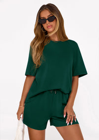 PRETTYGARDEN Women's 2 Piece Lounge Sets Short Sleeve Shirts Casual Tops Shorts Matching Clothing Summer Airport Outfits PRETTYGARDEN