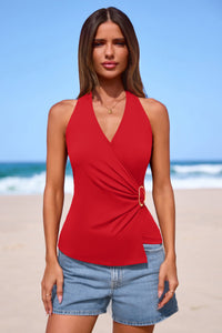 PRETTYGARDEN Womens Halter Top Spring Tie Wrap Sleeveless Ruched V Neck Fitted Summer Tops Backless Fashion Y2k Clothes PRETTYGARDEN