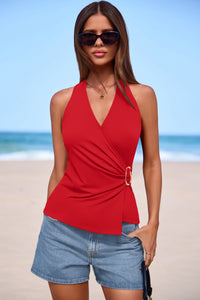 PRETTYGARDEN Womens Halter Top Spring Tie Wrap Sleeveless Ruched V Neck Fitted Summer Tops Backless Fashion Y2k Clothes PRETTYGARDEN