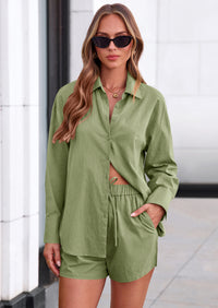 PRETTYGARDEN Women's Summer 2 Piece Matching Lounge Sets Pajamas Long Sleeve Shirts Blouse Pockets Shorts Spring Outfits