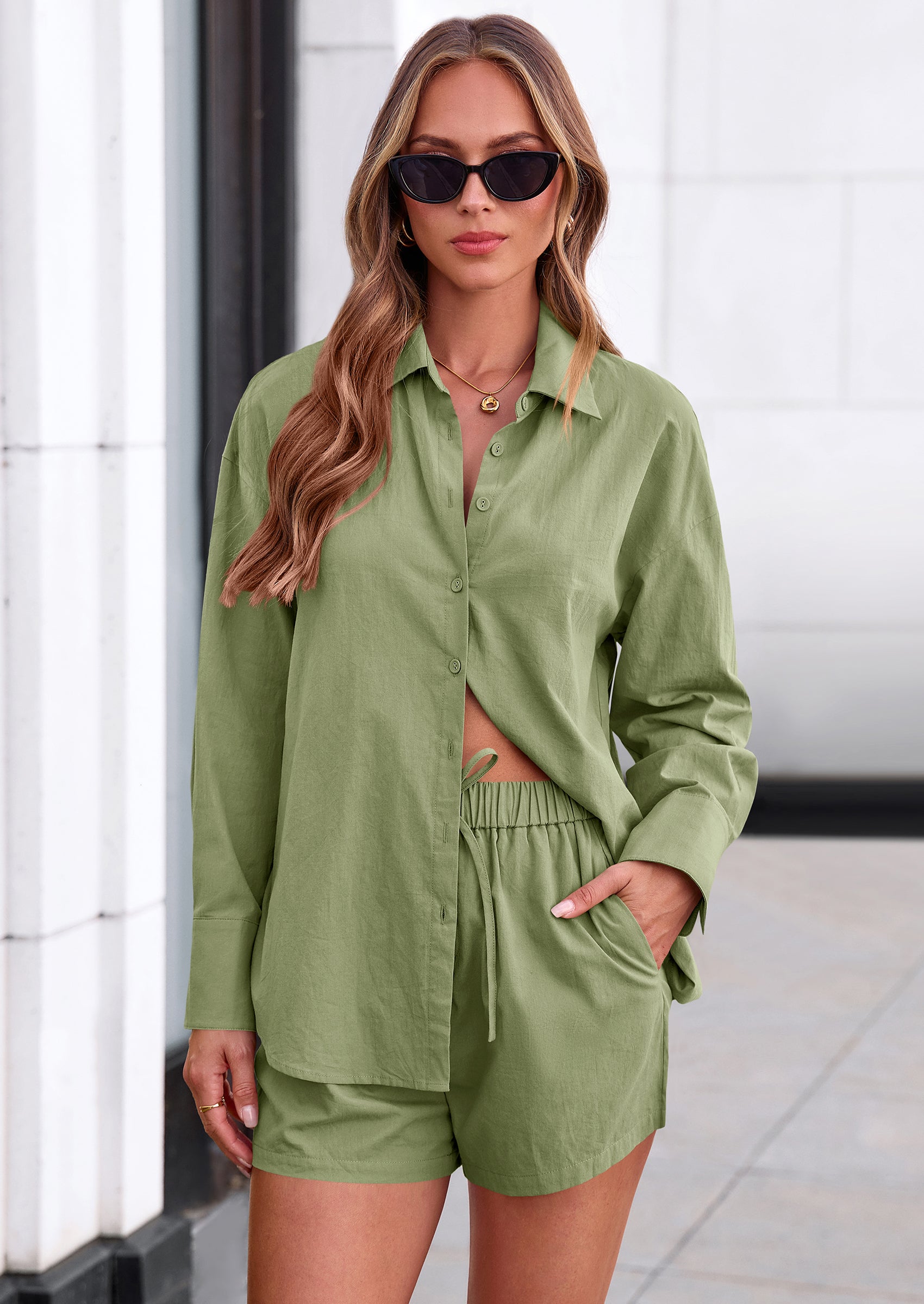 PRETTYGARDEN Women's Summer 2 Piece Matching Lounge Sets Pajamas Long Sleeve Shirts Blouse Pockets Shorts Spring Outfits