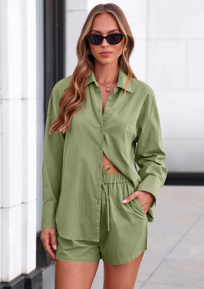 PRETTYGARDEN Women's Summer 2 Piece Matching Lounge Sets Pajamas Long Sleeve Shirts Blouse Pockets Shorts Spring Outfits
