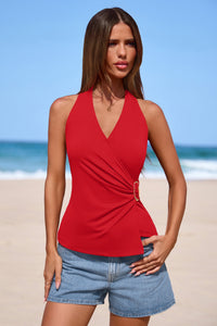 PRETTYGARDEN Womens Halter Top Spring Tie Wrap Sleeveless Ruched V Neck Fitted Summer Tops Backless Fashion Y2k Clothes PRETTYGARDEN