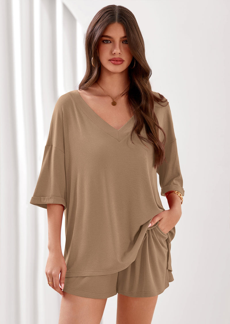 PRETTYGARDEN Womens 2 Piece Sets Oversized Vneck Half Sleeve Tops Shorts Lounge Set Casual Summer Travel Beach Outfits PRETTYGARDEN