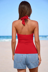 PRETTYGARDEN Womens Halter Top Spring Tie Wrap Sleeveless Ruched V Neck Fitted Summer Tops Backless Fashion Y2k Clothes PRETTYGARDEN