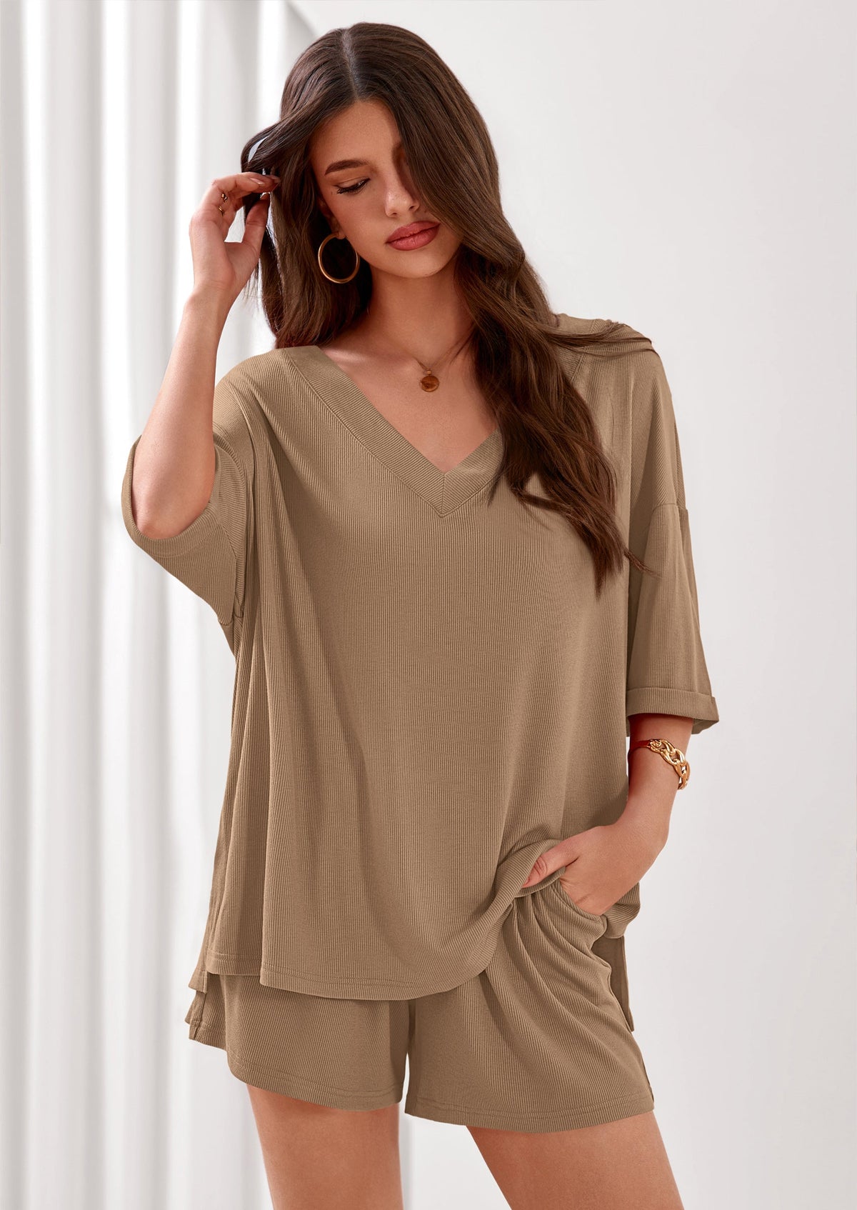 PRETTYGARDEN Womens 2 Piece Sets Oversized Vneck Half Sleeve Tops Shorts Lounge Set Casual Summer Travel Beach Outfits PRETTYGARDEN