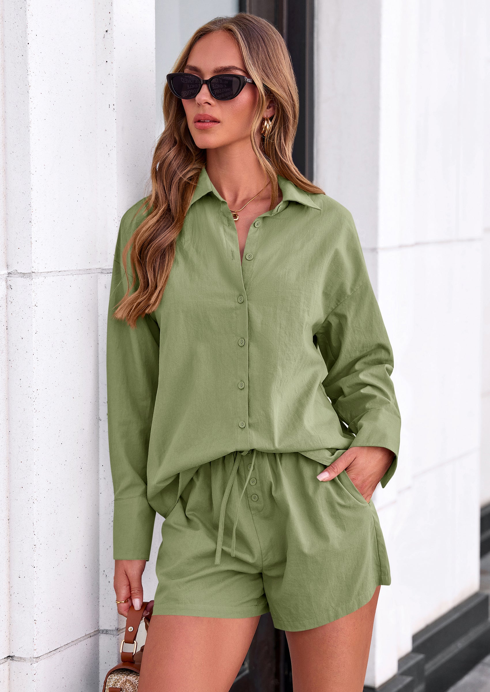 PRETTYGARDEN Women's Summer 2 Piece Matching Lounge Sets Pajamas Long Sleeve Shirts Blouse Pockets Shorts Spring Outfits